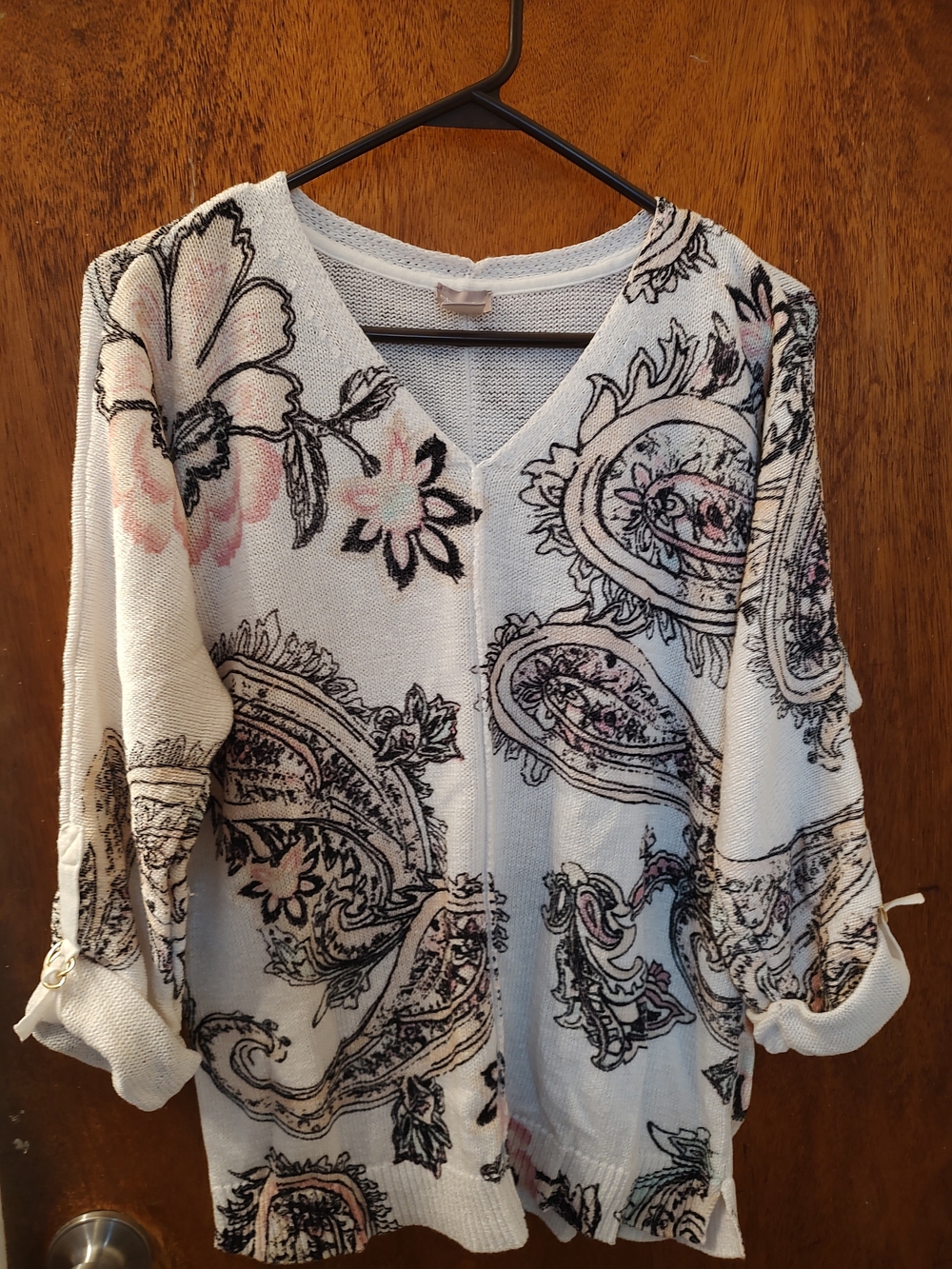 Chico's Cream V-Neck Paisley Sweater Tunic with Pink & Black Accents